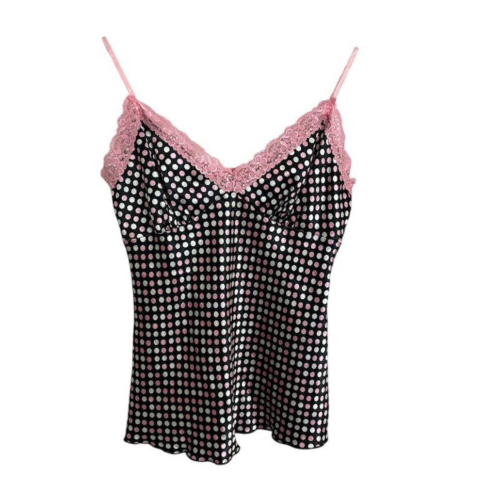 Y2K Polka Dot Satin Baby Doll Tank Top M Black Pink Lace Trip Spagetti Strap VTG